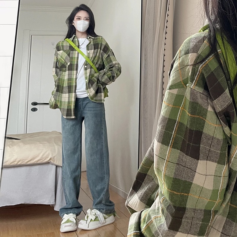 春裝法式綠色格子襯衫襯衣外套女早春季女2024年新款內搭長袖上衣