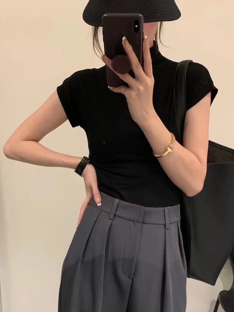 40支92棉8氨綸質量黑標大碼女裝半高領短袖t恤減齡上衣M-4XL