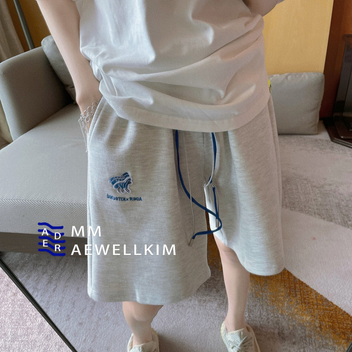 6535魚鱗短褲2024夏季狐狸聯名刺繡寬鬆男女運動五分褲潮