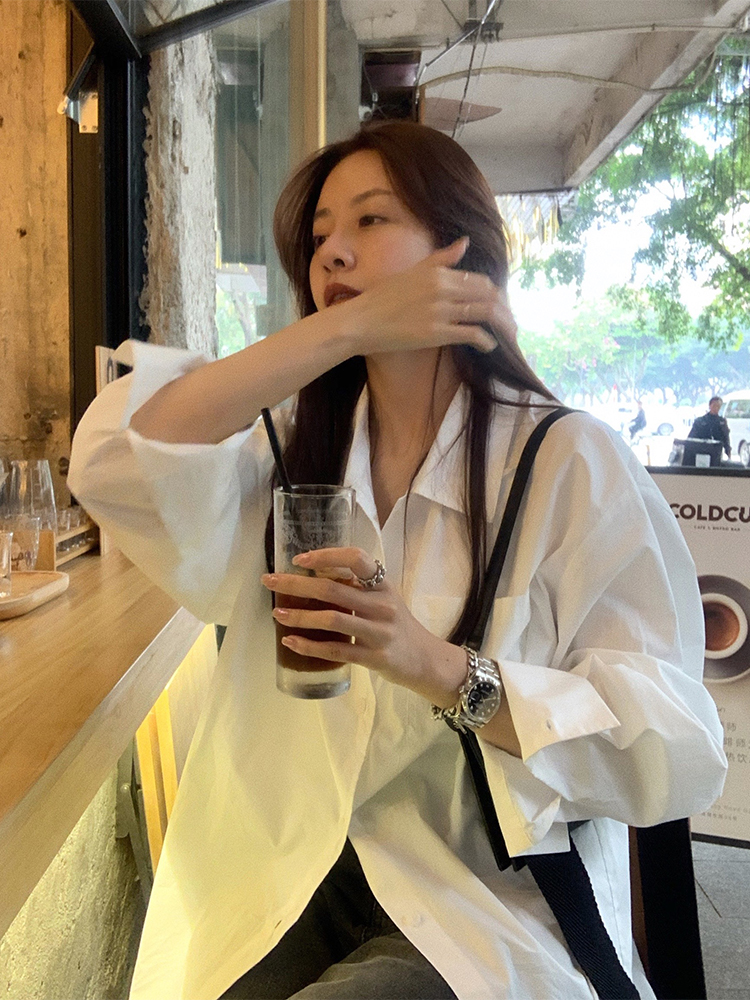 LIL CHER白色韓版襯衫女2024春秋新款寬鬆純色慵懶風長袖純棉襯衣