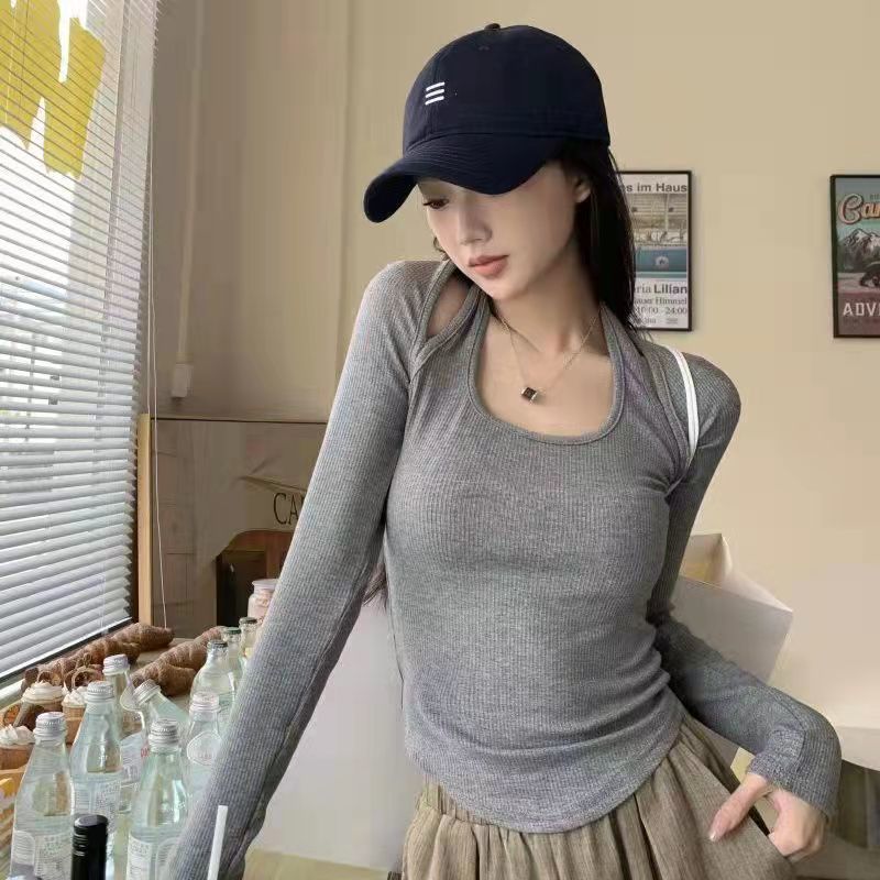 已出貨 港味假兩件掛脖灰色t恤女秋季設計感長袖打底衫辣妹修身