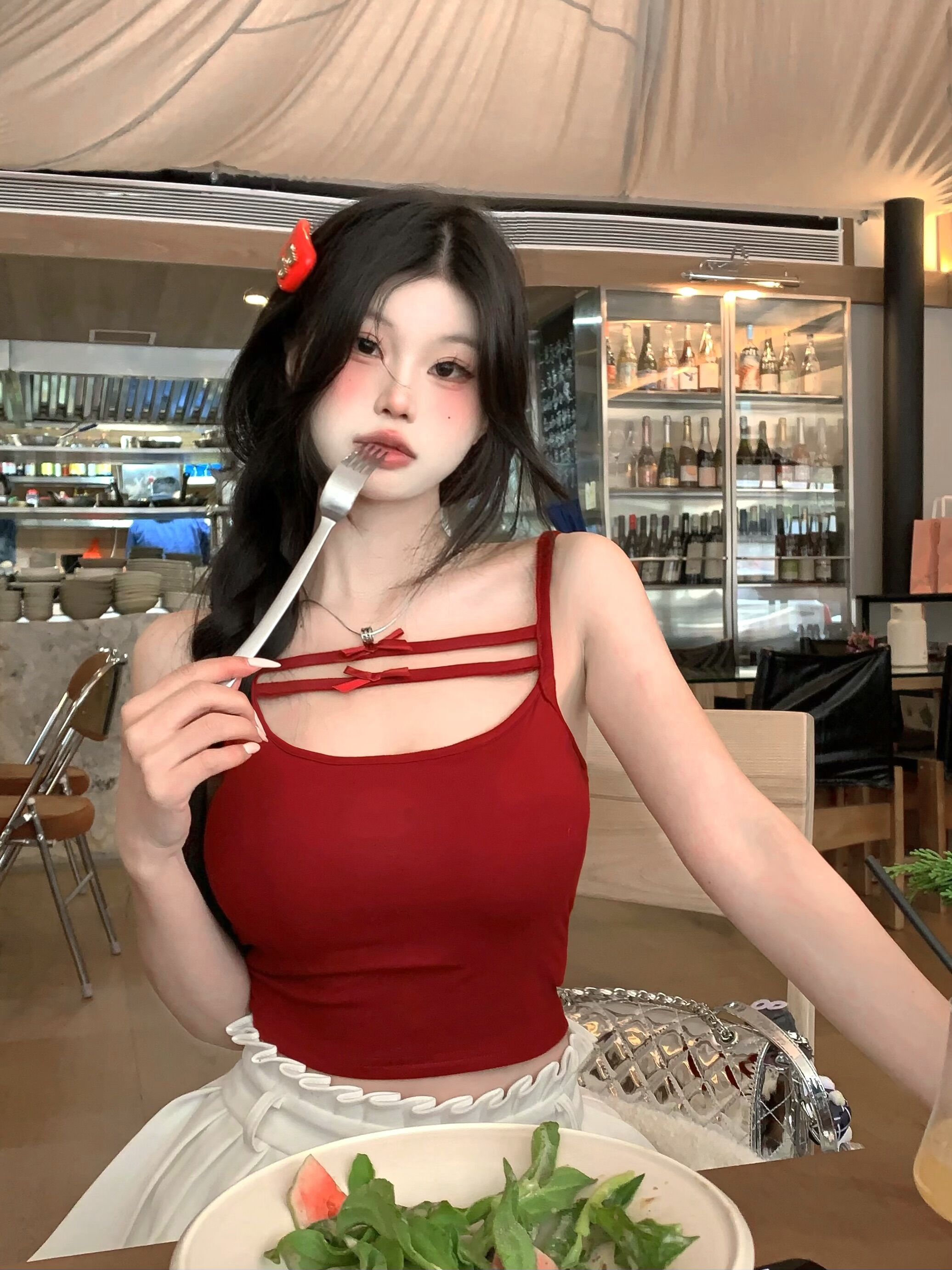 實拍~心尖喵醬 純欲外穿吊帶背心女蝴蝶結打底上衣帶胸墊