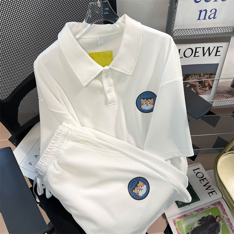 Japanese college style waffle Polo shirt shorts two-piece set for women summer loose couple niche casual sports suit
