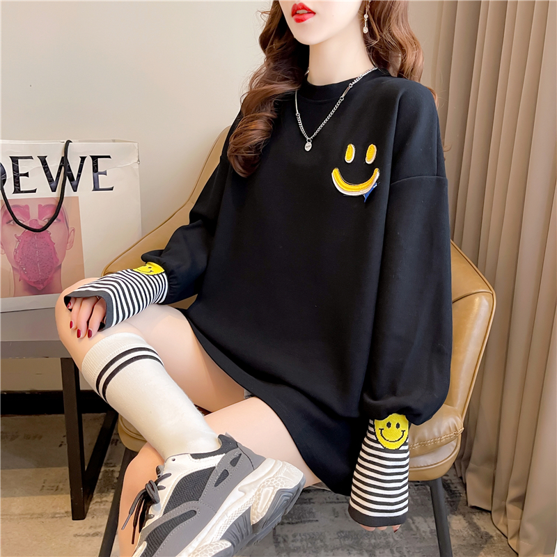 Real shot 2024 spring Korean style loose double-sided German velvet round neck warm splicing long-sleeved bottoming shirt T-shirt for women