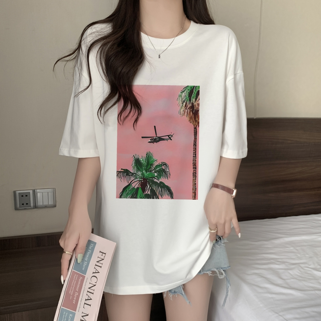 100% cotton combed cotton printed summer short-sleeved T-shirt for women loose Korean style