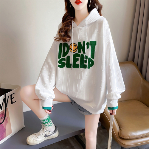 Real shot 2024 spring Korean style loose back bag collar jacquard double layer hat cartoon embroidery large size thin sweatshirt for women