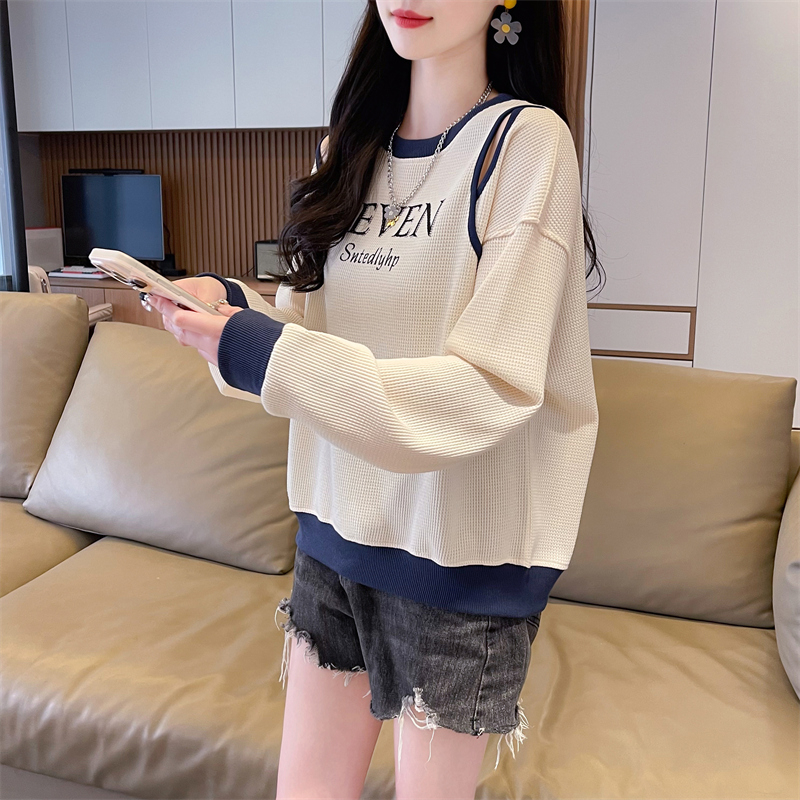 實拍 圓領華夫格衛衣女新款春秋季洋氣減齡寬鬆設計感上衣潮