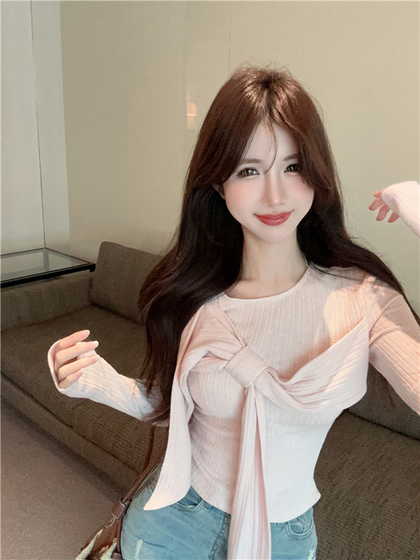 實拍  兩面穿蝴蝶結設計感上衣女開叉收腰顯瘦純欲T恤