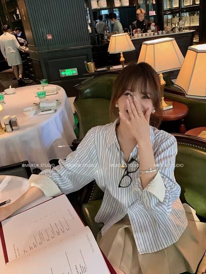 MUKOK朗姆百利學姐~淺藍色長袖襯衫女早秋高級感氣質收腰顯瘦襯衣