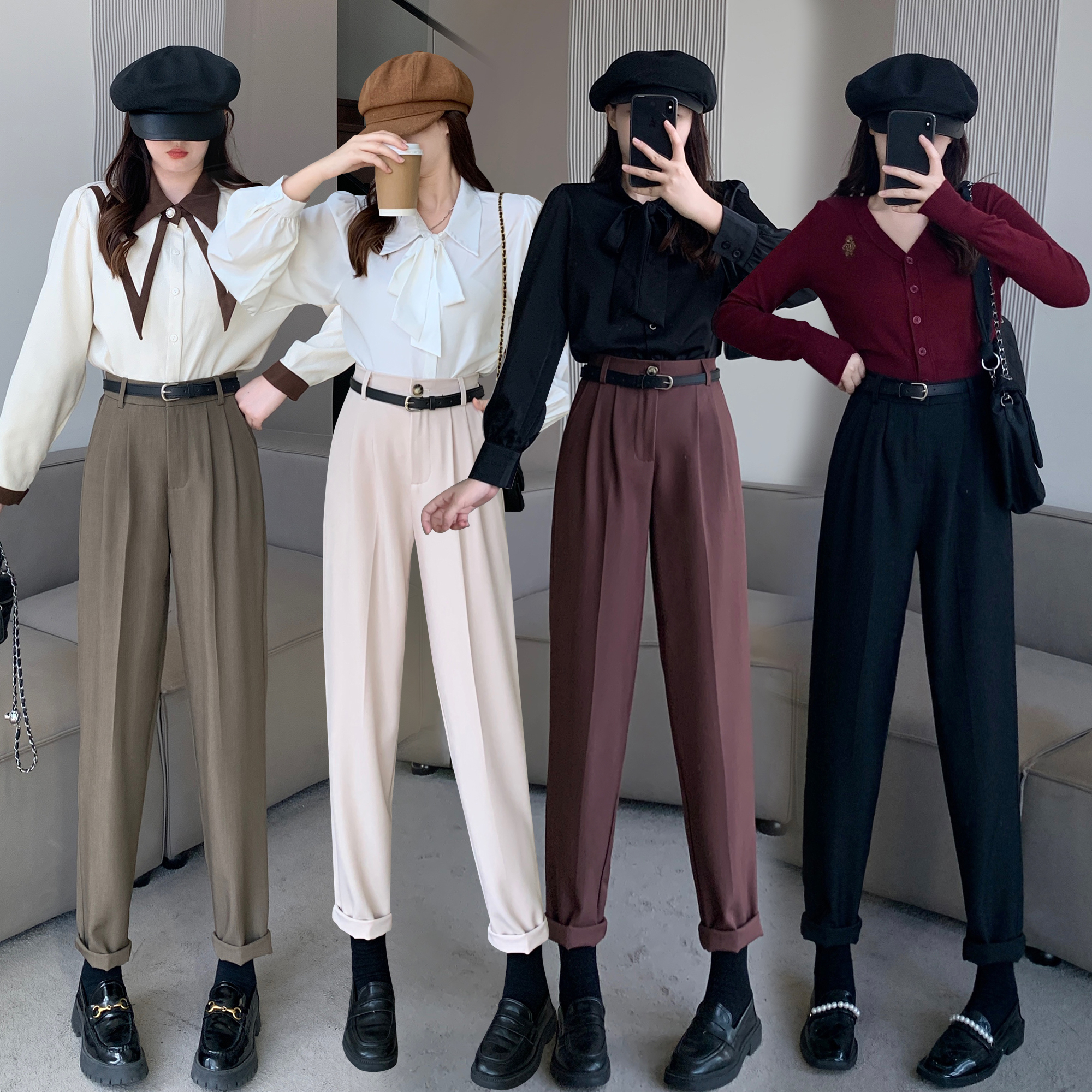 7466 Real shot~Large size retro suit cigarette pants women's small leg pants drapey high waist slim casual pants