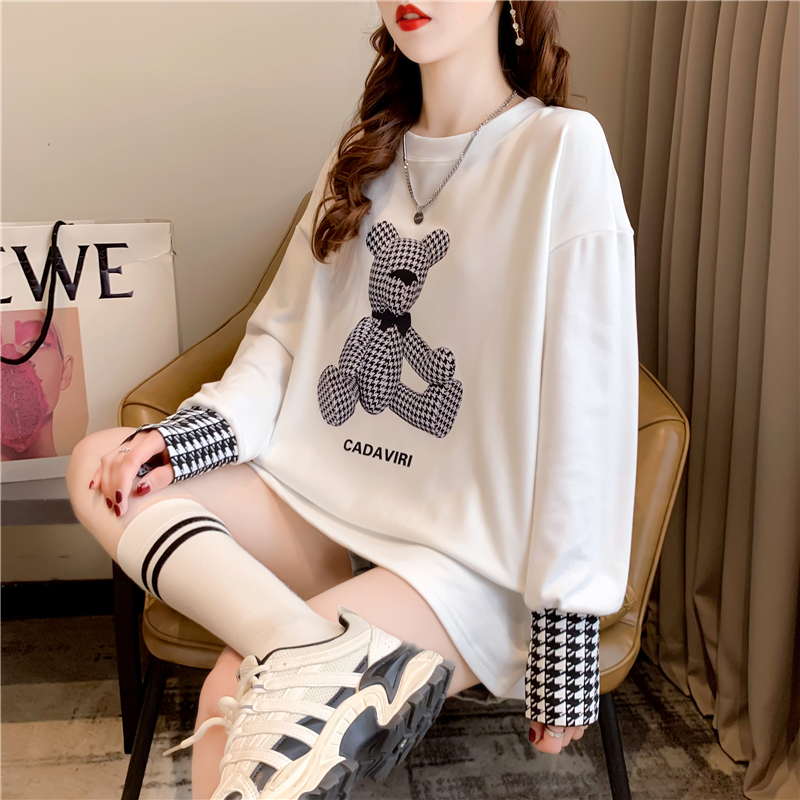 Real shot 2024 spring Korean style loose double-sided German velvet round neck warm splicing long-sleeved bottoming shirt T-shirt for women