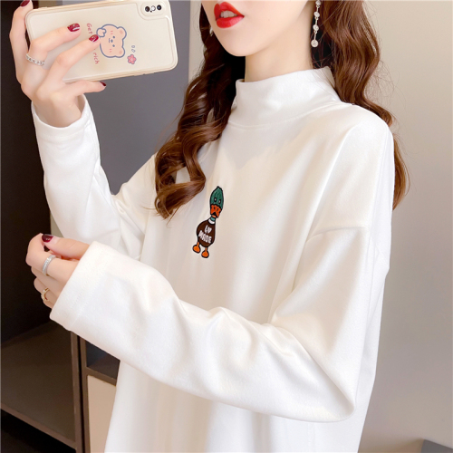 Real shot 2024 spring Korean style loose double-sided German velvet round neck warm splicing long-sleeved bottoming shirt T-shirt for women