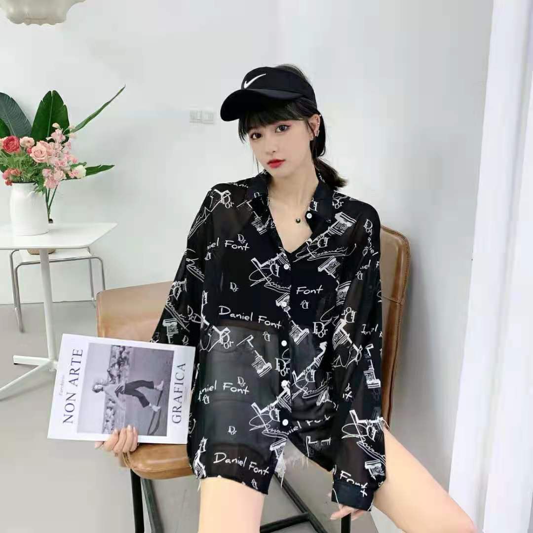 薄款塗鴉雪紡防曬開衫超薄外套寬鬆外搭洋氣長款防曬衣