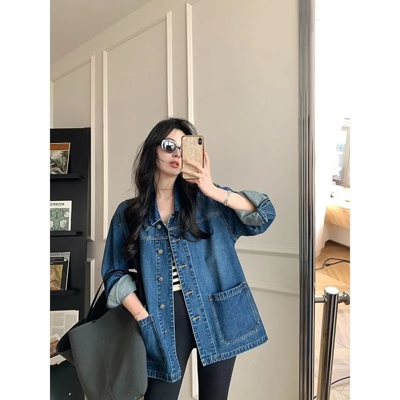 牛仔外套女春秋新款小個子復古簡約韓版寬鬆百搭顯瘦翻領休閒上衣