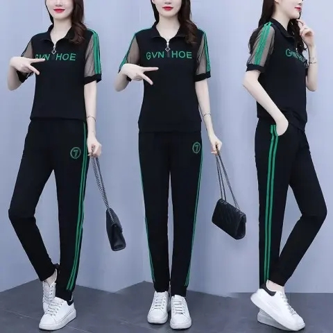 時尚運動套裝女夏季新款韓版大碼寬鬆顯瘦印花洋氣立領休閒兩件套