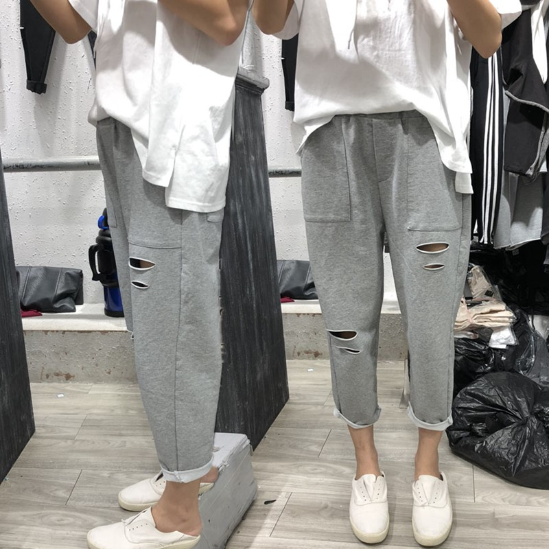 胯大腿粗大碼褲子時尚破洞褲女寬鬆闊腿褲顯瘦休閒直筒九分褲