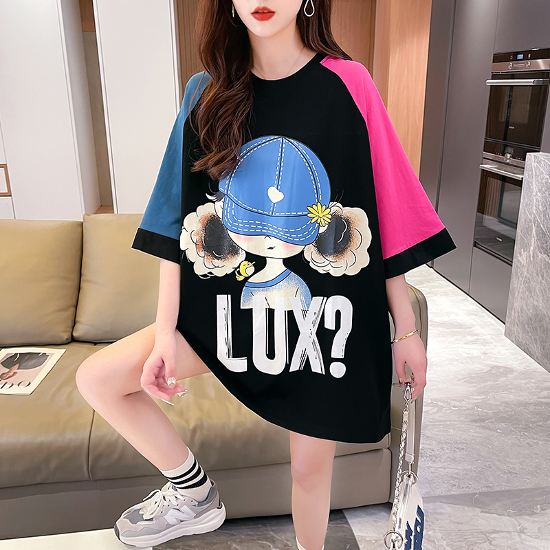 實拍2024夏季100%純棉 | 後包領 | 韓版中長款圓領撞色短袖T恤女