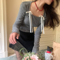 Photographed Early Spring Instagram Korean-style niche V-neck bone exposure butterfly knot drawstring adjustable slimming T-shirt top