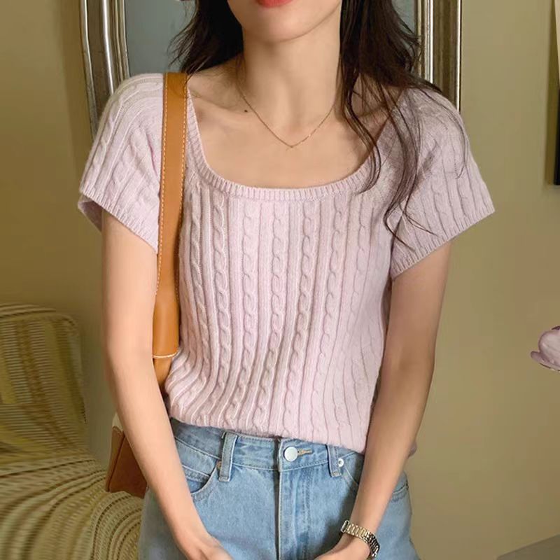 韓國chic法式溫柔方領露鎖骨寬鬆百搭重工麻花編織短款針織衫女