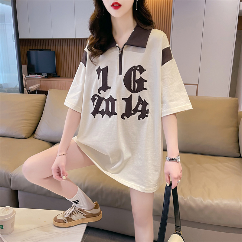 實拍2024夏季休閒寬鬆貼布繡花插色翻領polo衫上衣短袖t恤女