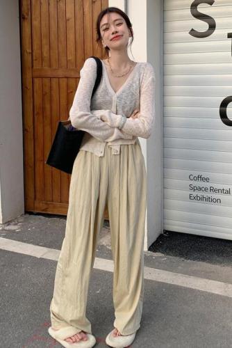 Actual shot of spring thin knitted shackle design cardigan + lazy style fashionable loose casual wide-leg pants