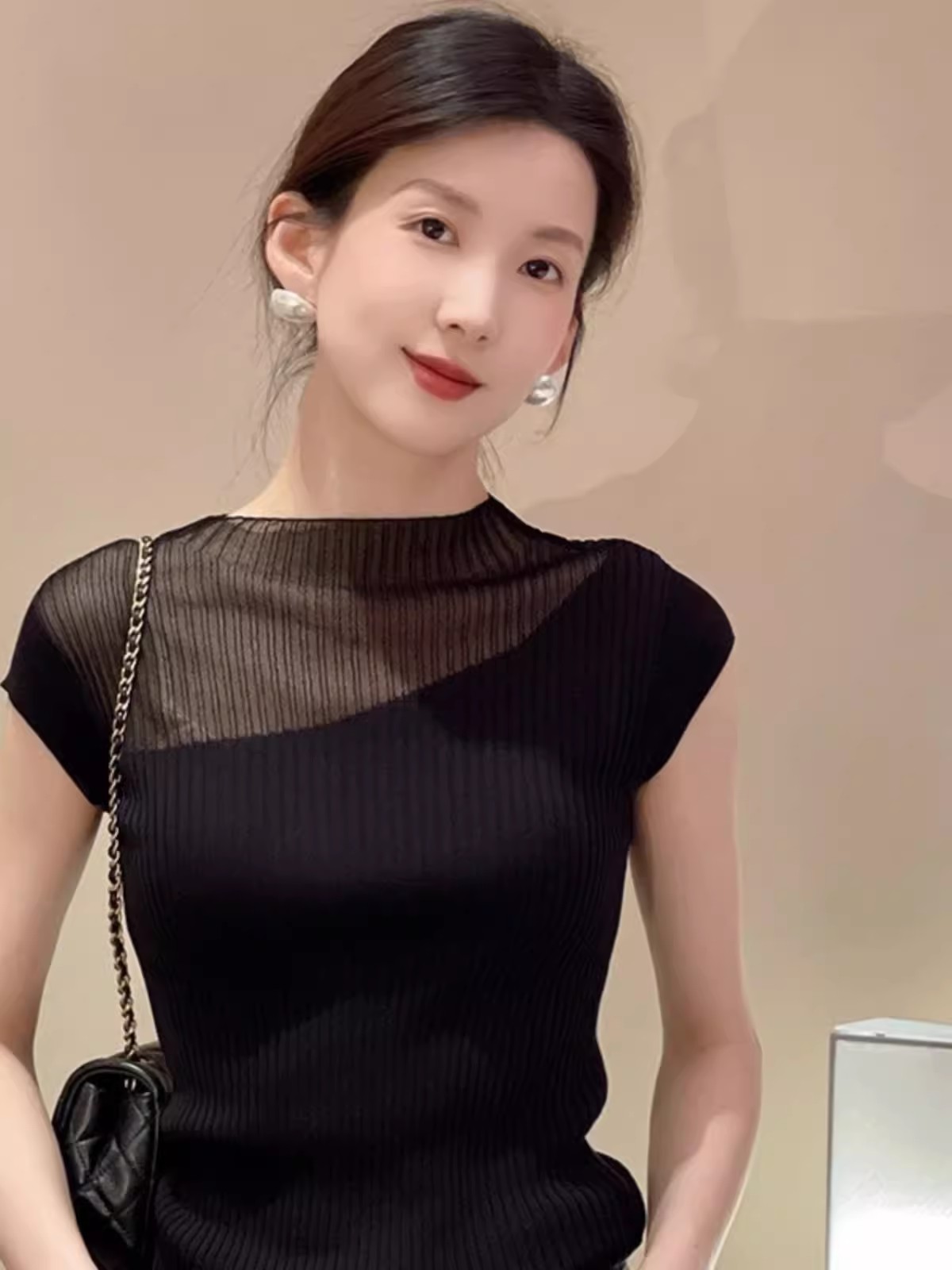 French translucent black Tencel sweater short-sleeved T-shirt women's summer high-end shoulder sleeveless ice silk top thin