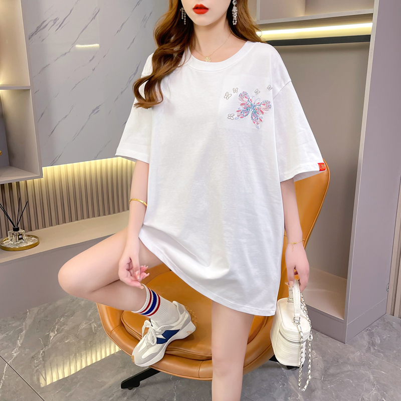 實拍2024夏季韓版200克純棉大碼中國風重工刺繡短袖T恤女