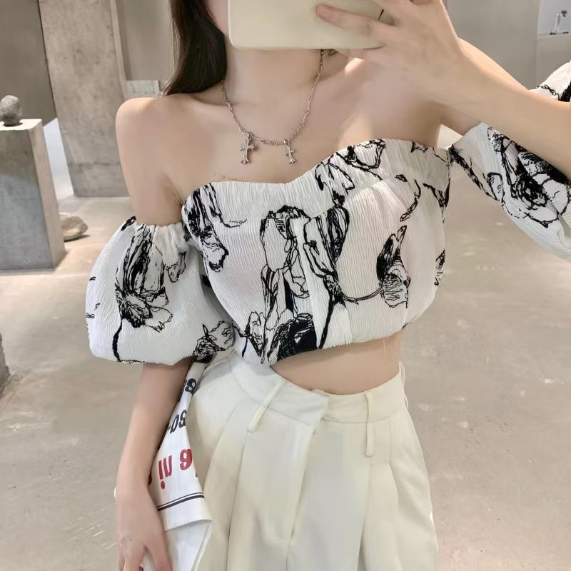 夏純欲風氣質一字肩短款收腰洋氣衫女小個子露肩短袖仙氣上衣