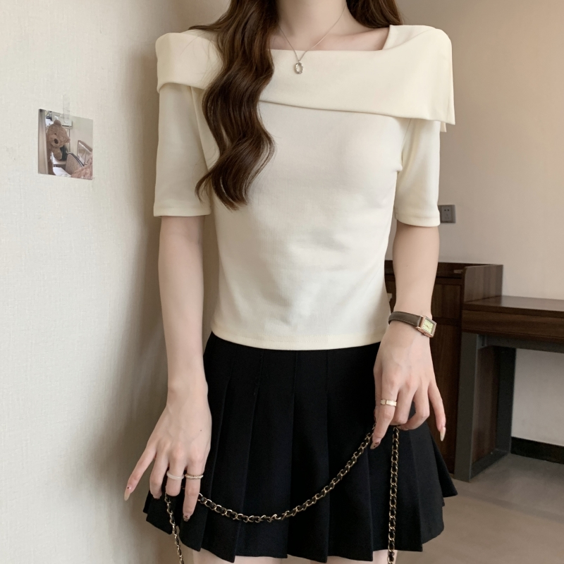 40 count pure cotton 2024 summer one-shoulder short-sleeved T-shirt chic collarbone-exposing top