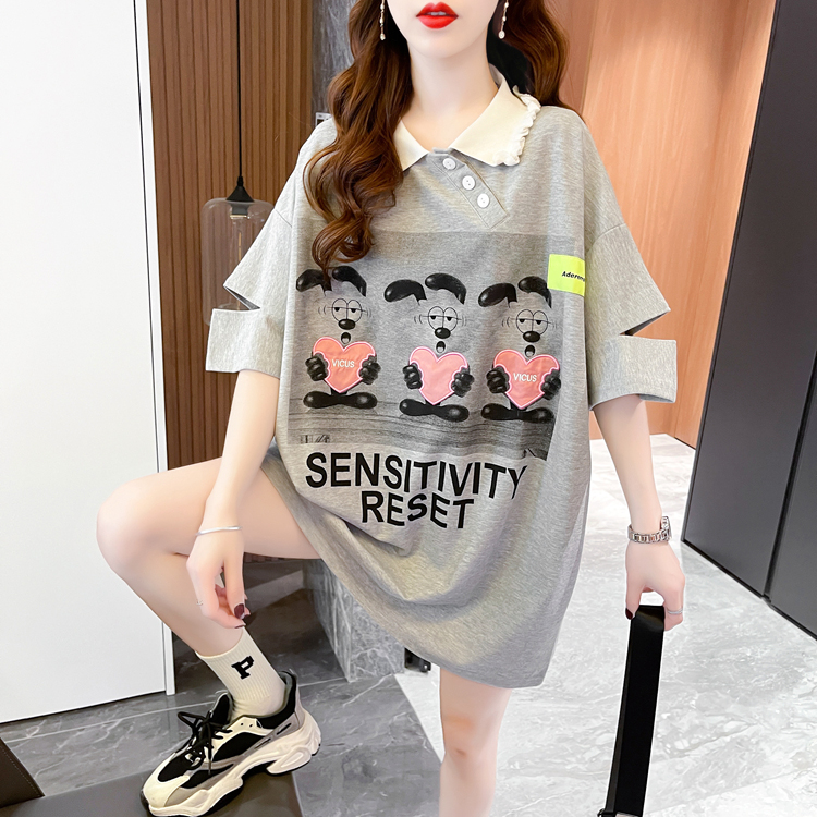 實拍2024夏季珠地布刺繡夏季韓版中長款寬鬆POLO衫短袖t恤女