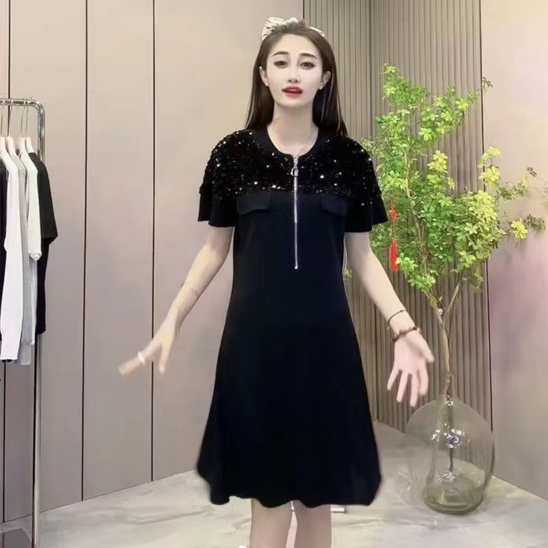 2024 spring new style sequined slimming stand-up collar zipper cardigan knitted women's skirt commuter short-sleeved dress