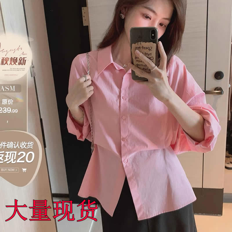 小眾設計感收腰捏褶襯衫女春秋別致復古疊穿襯衣新款白色寬鬆上衣