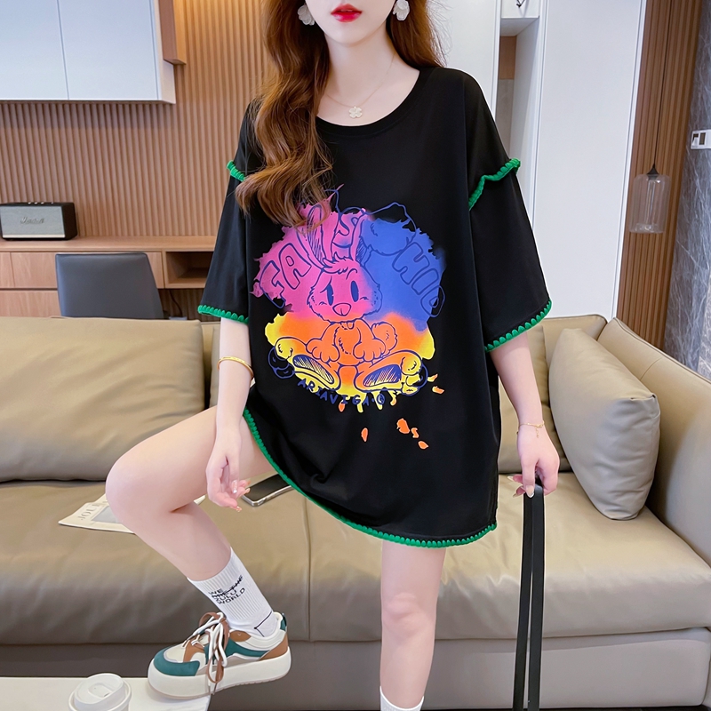 實拍2024夏季100%純棉 韓版中長款重工刺繡短袖T恤女