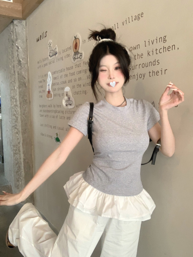 實拍~「芭蕾甜豆」小眾蓬蓬拼接假兩件短袖T恤女圓領修身上衣