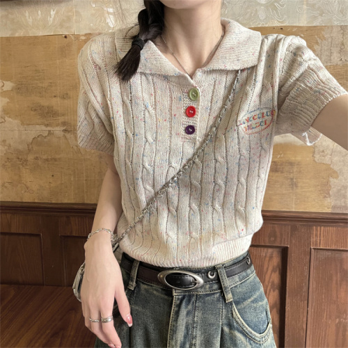 Real shot of gentle wind and snowflake dot Polo collar knitted short top for women with slimming temperament and short sleeves