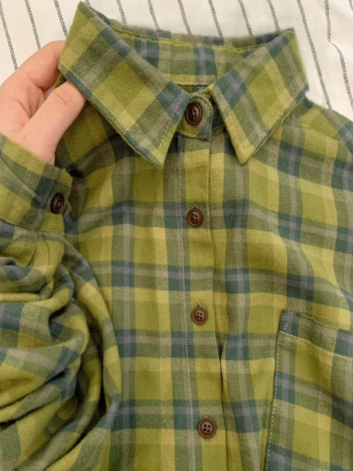 Original pure cotton yarn-dyed retro green plaid shirt for women spring and autumn new design niche shirt