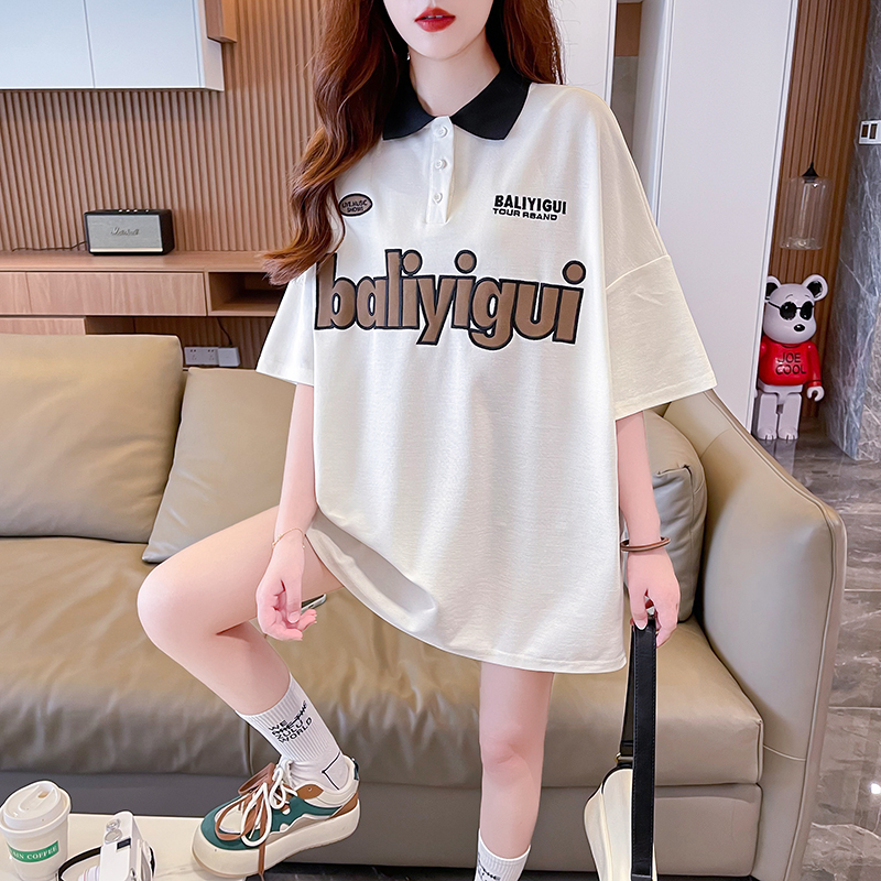實拍2024夏季170克純棉珠地中長款POLO短袖刺繡T恤女