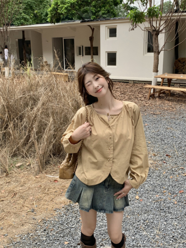 Actual shot of new spring Korean style loose round neck small gold button design versatile slim shirt tops for women