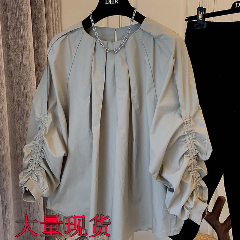 復古褶皺泡泡袖明線拼接抽繩圓領長袖襯衫上衣氣質秋裝