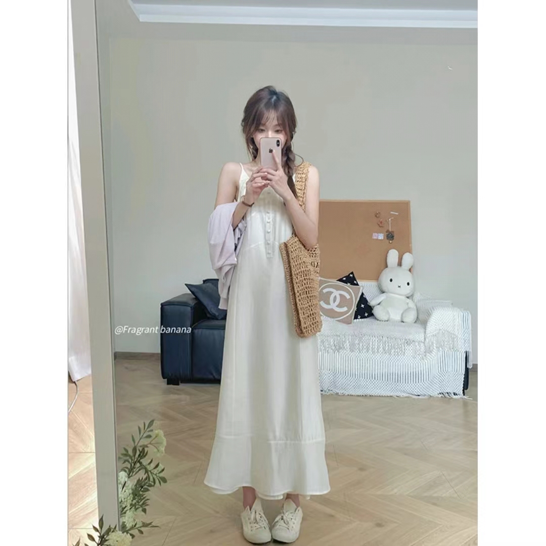 Fragrant Banana Lake Baikal Apricot Sleeveless Dress Designed Korean Style Gentle Suspender Skirt