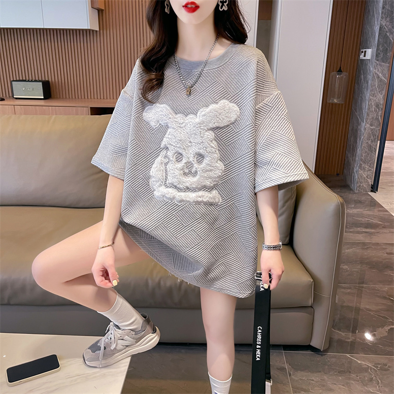 實拍2024夏季韓版提花\休閒寬鬆繡花小兔子短袖t恤女