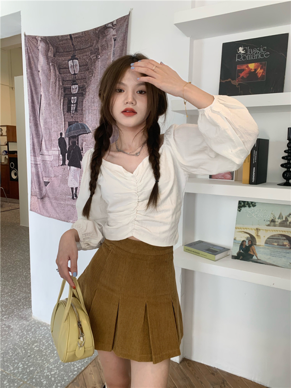 實拍 元氣少女V領褶皺襯衫長袖