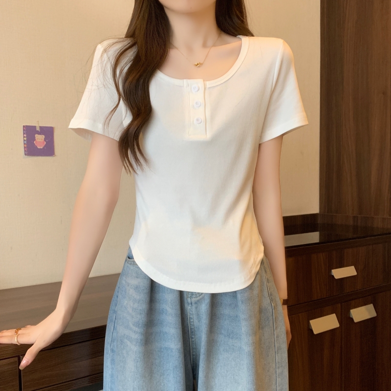 實拍2024夏季40支純棉3粒紐小眾設計感短袖T恤女