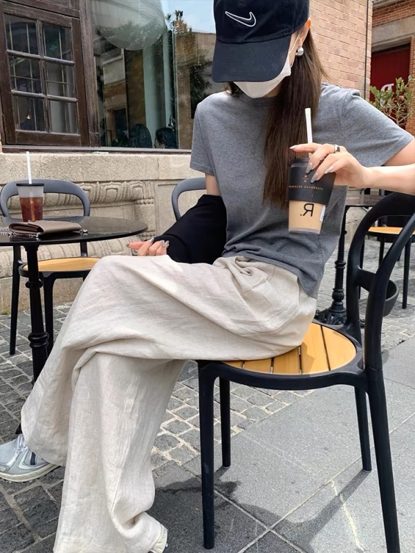 高級感夏裝搭配一整套休閒時尚套裝女灰色短袖t恤闊腿褲子兩件套