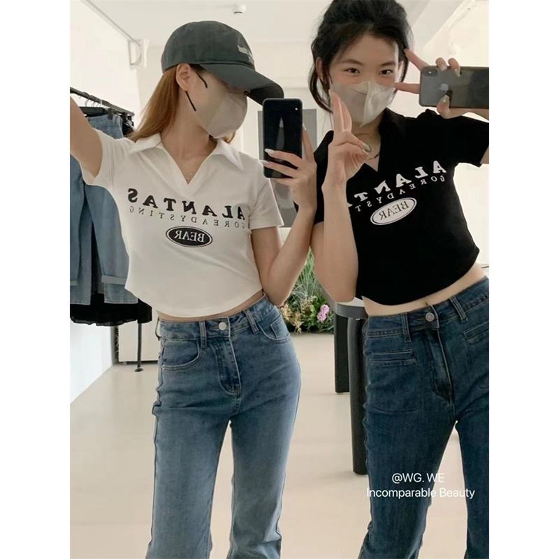 Official picture 6535 stretch cotton design short sweet and spicy top spring women's 2024 new slim fit