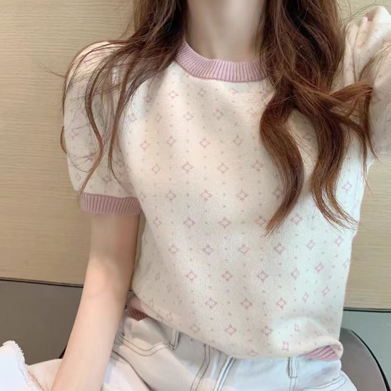 短袖t恤年新款女夏裝針織短款法式甜美泡泡袖上衣設計感小眾