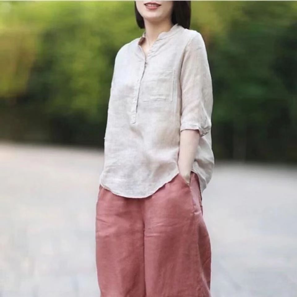 復古文藝休閒襯衫女韓版2024新款秋季棉麻大碼寬鬆立領襯衣