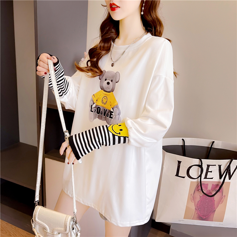 Real shot 2024 spring Korean style loose double-sided German velvet round neck warm splicing long-sleeved bottoming shirt T-shirt for women