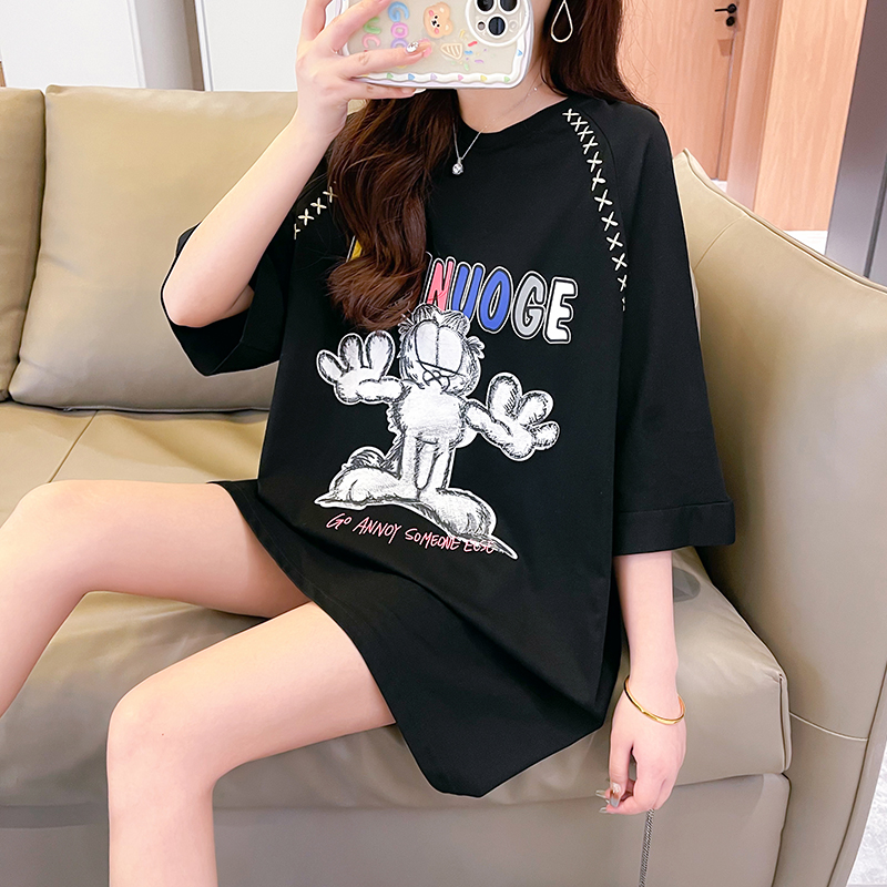 實拍2024夏季100%純棉 | 後包領 | 韓版中長款刺繡短袖T恤女