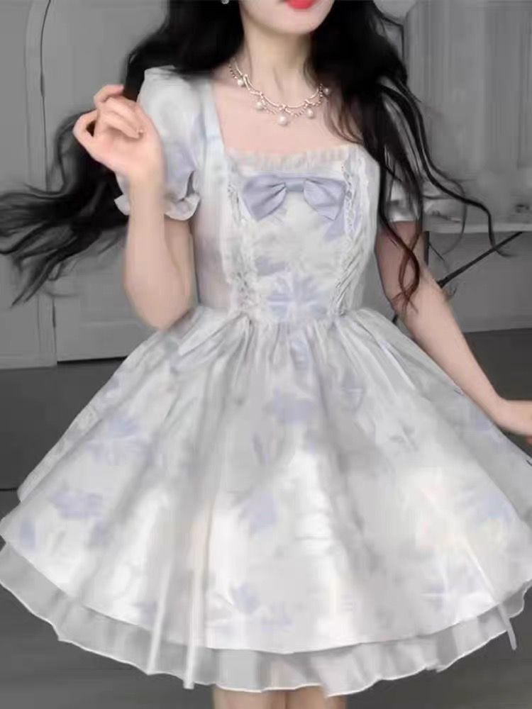 新款法式在逃公主藍色提花蓬蓬裙連衣裙韓版春夏仙女超仙森系裙子